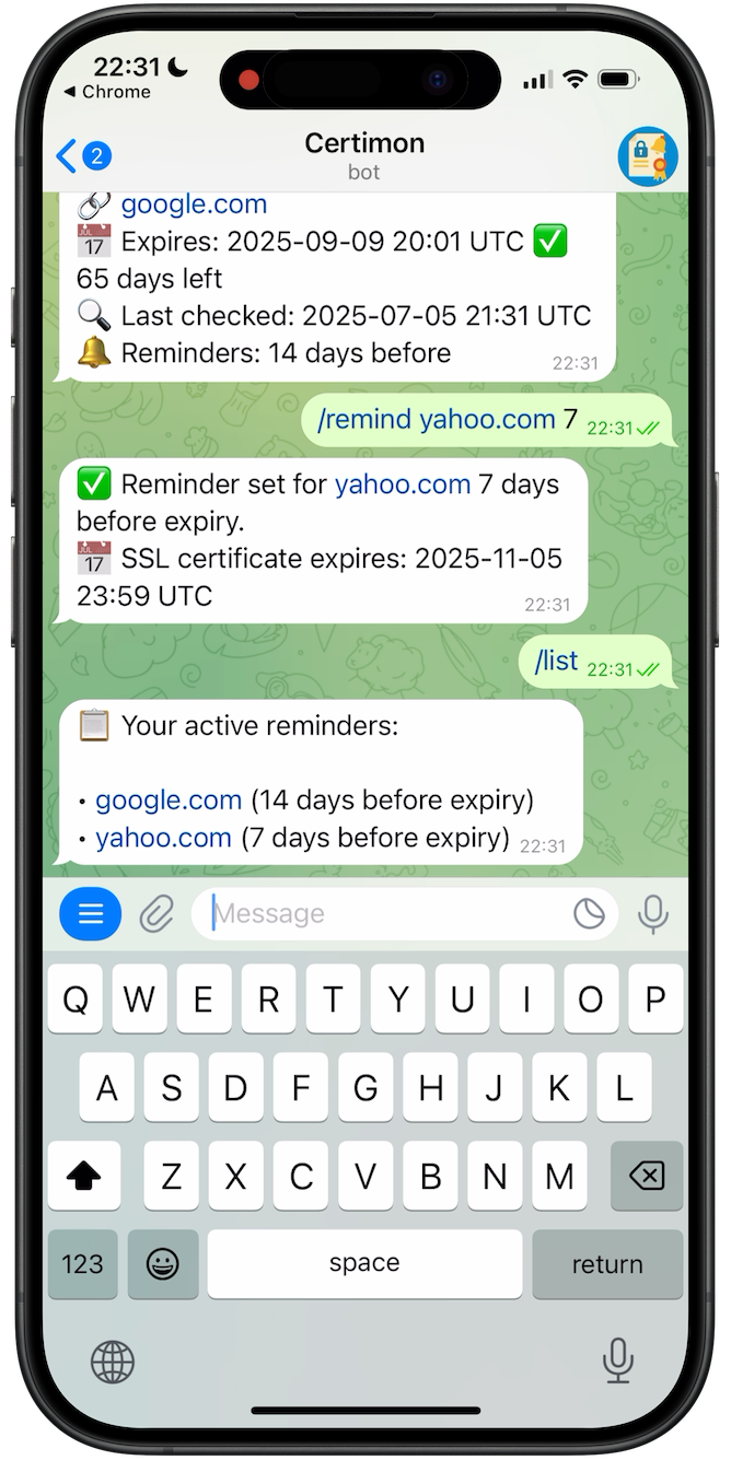 Certimon Telegram Bot Screenshot